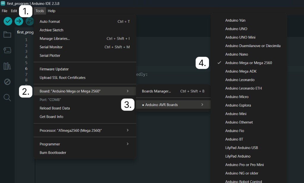 Choosing a board in Arduino IDE