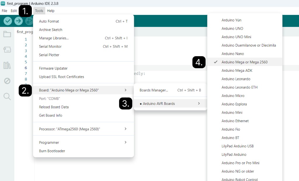 Choosing a board in Arduino IDE
