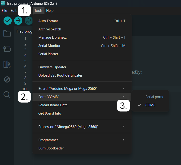 Tools -> Port menu in Arduino IDE