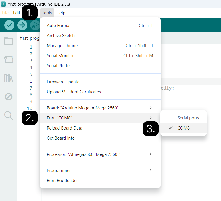 Tools -> Port menu in Arduino IDE